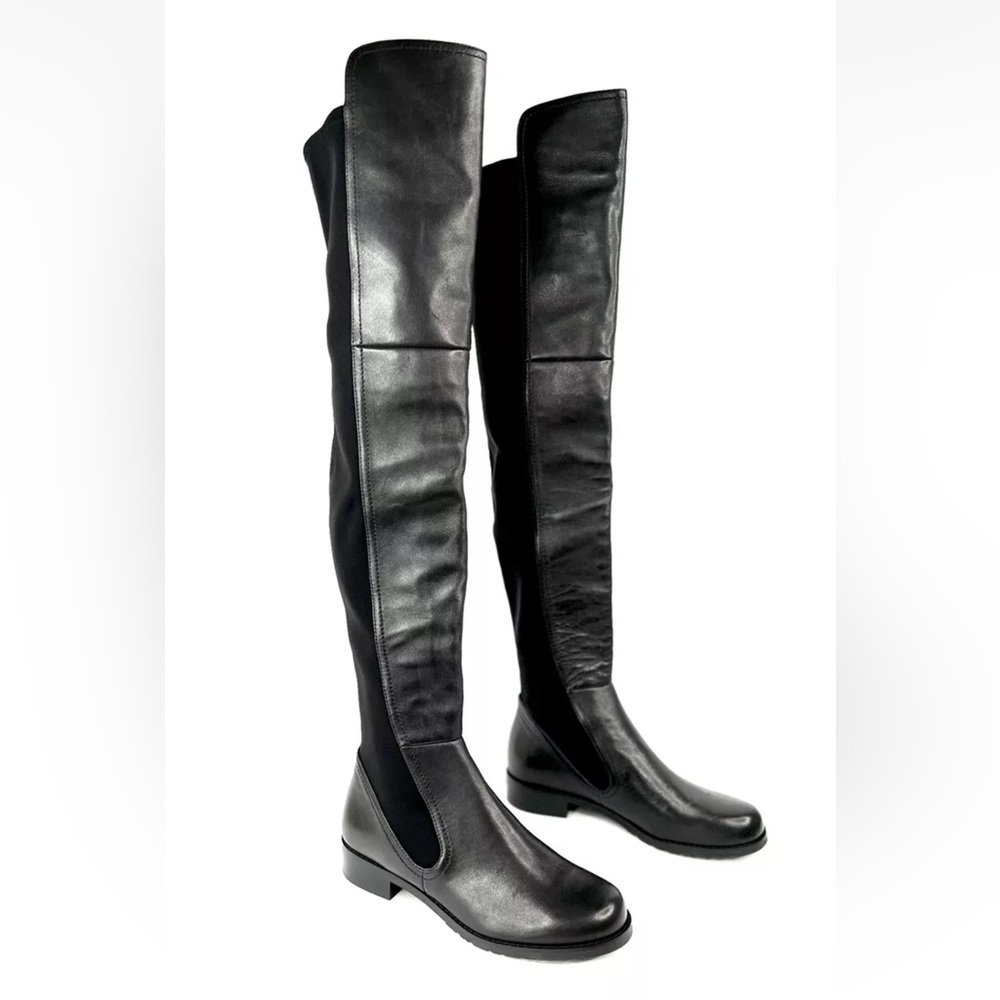 STUART WEITZMAN LANGDON OVER THE KNEE BLACK LEATHER STRETCH BOOTS SIZE US 5